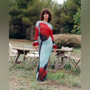 Rat & Boa Blue Red Floral Tulip Sheer Santino Maxi dress long sleeve XL NWOT